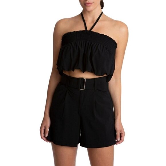NWT JUICY COUTURE Black smocked puffed halter crop top - Picture 1 of 13